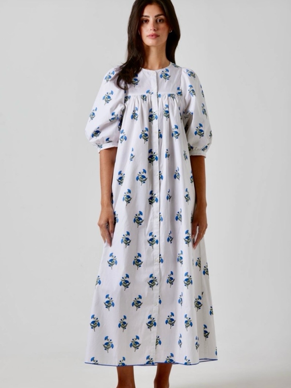 NWT - White Maxi Dress with Blue Floral Print and Puff Sleeves L